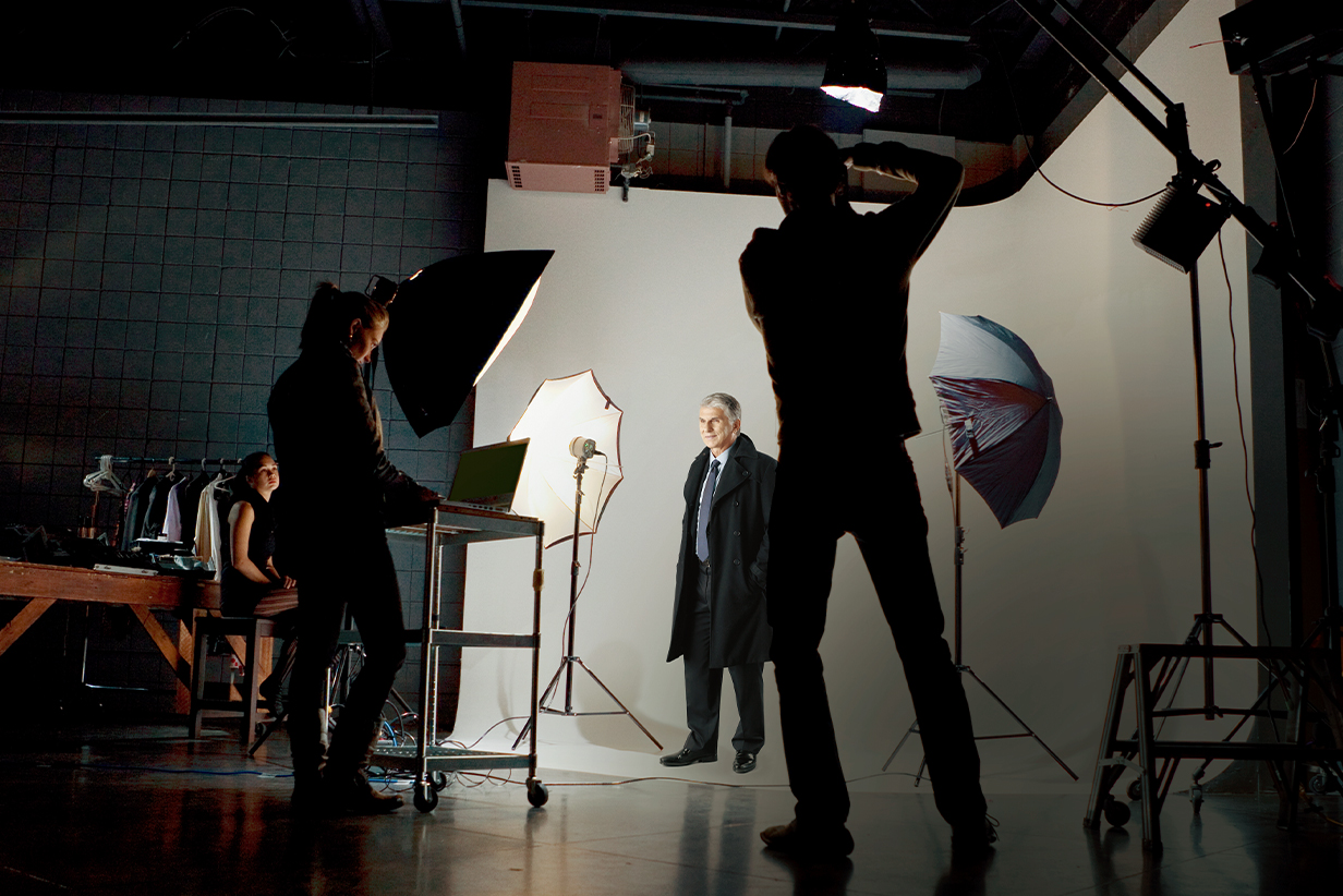 One Fell Swoop - image of a man in a professional photographic studio having his picture taken