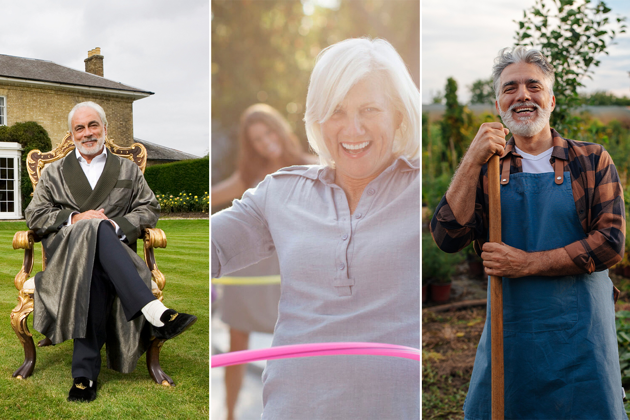 One Fell Swoop - triptych image of senior people, one sitting in ornate chair, one using a hula hoop and one holding a shovel in a garden